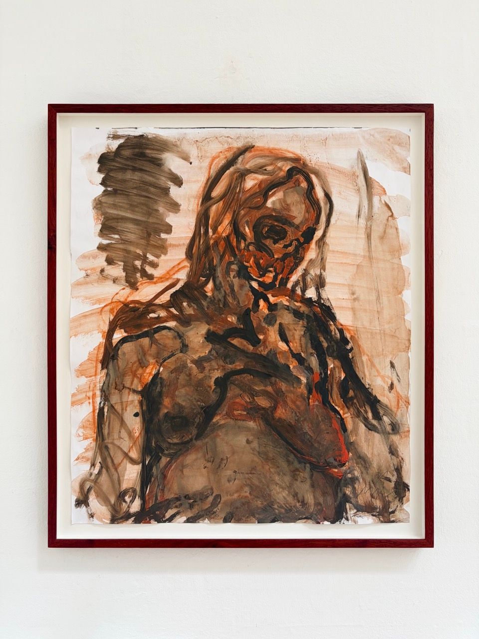 Acrylic work on paper by Christian Lemmerz depicting a seated female figure in brown, black, and orange tones.